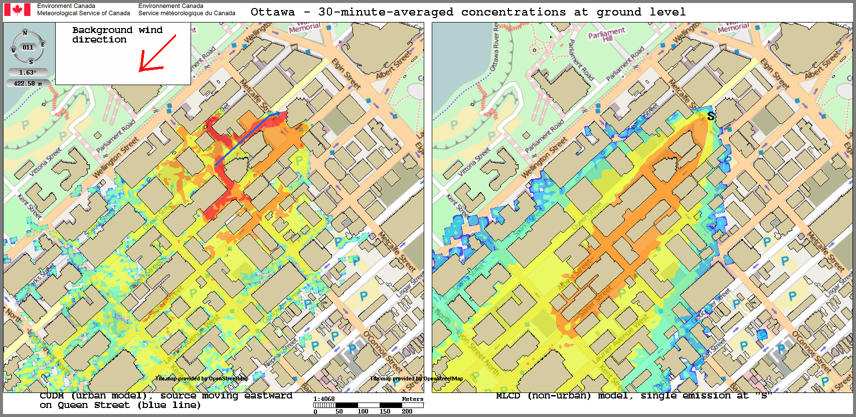 Downtown Ottawa-Moving source-Concentration at ground-Comparison CUDM and MLCD